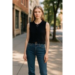 Tezenis Fuzzy Black Sleeveless Cardigan Cutouts Rhinestone Heart Accent NWT L